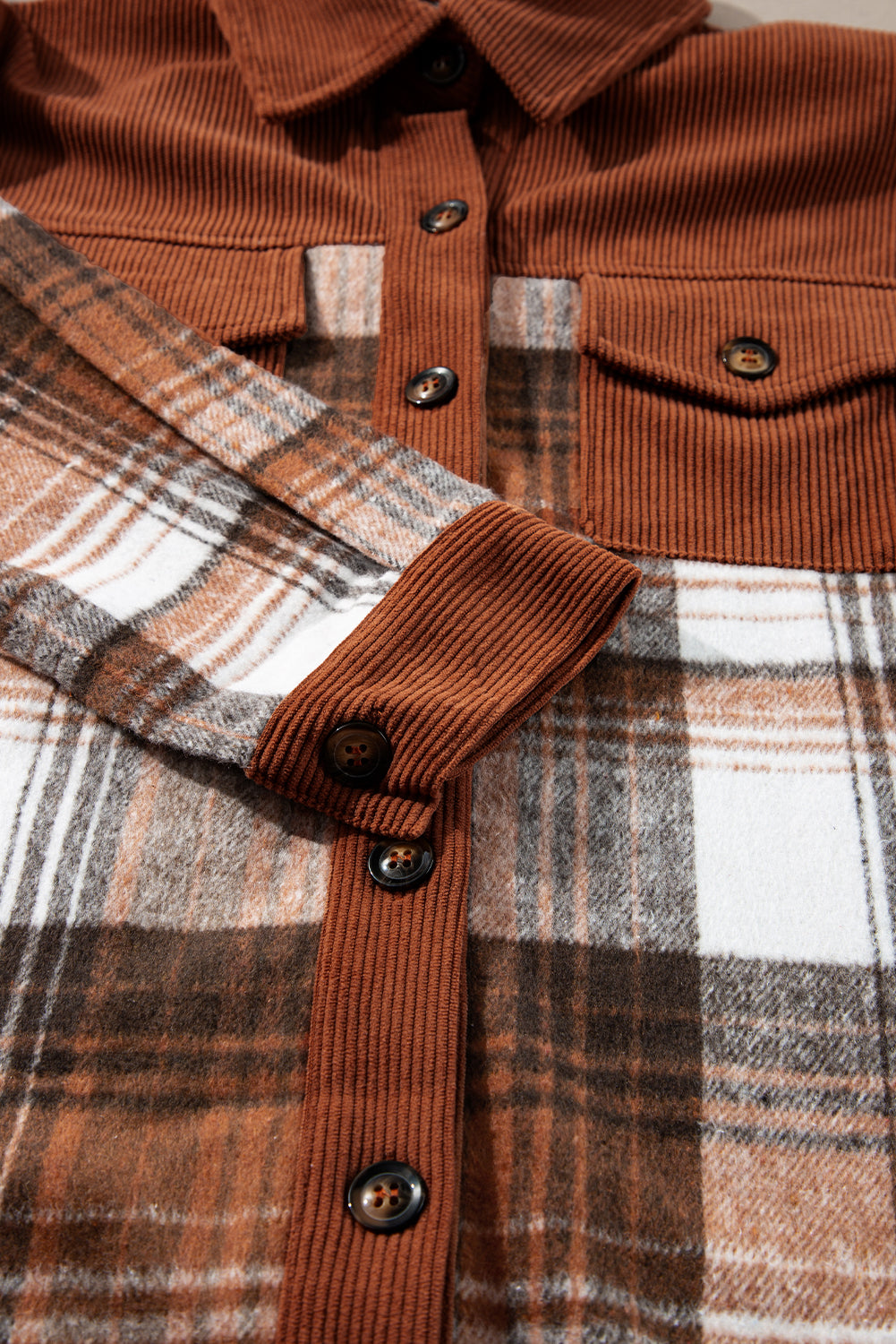 Light Pink Plaid Corduroy Patchwork Pocket Shacket