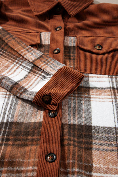 Light Pink Plaid Corduroy Patchwork Pocket Shacket