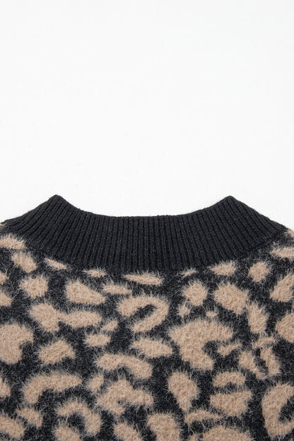Western Leopard Print Knit Sweater Vest Button Cardigan