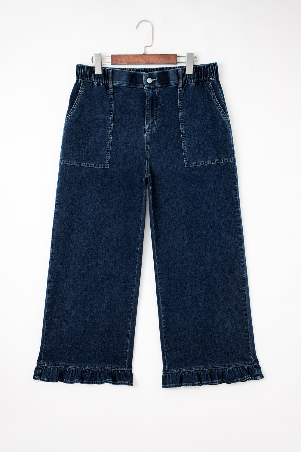 Sail Blue Plus Size Elastic Waist Ruffle Hem Jeans