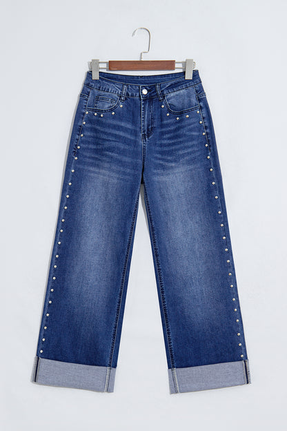 Black Studded Detail Straight Leg Casual Loose Jeans