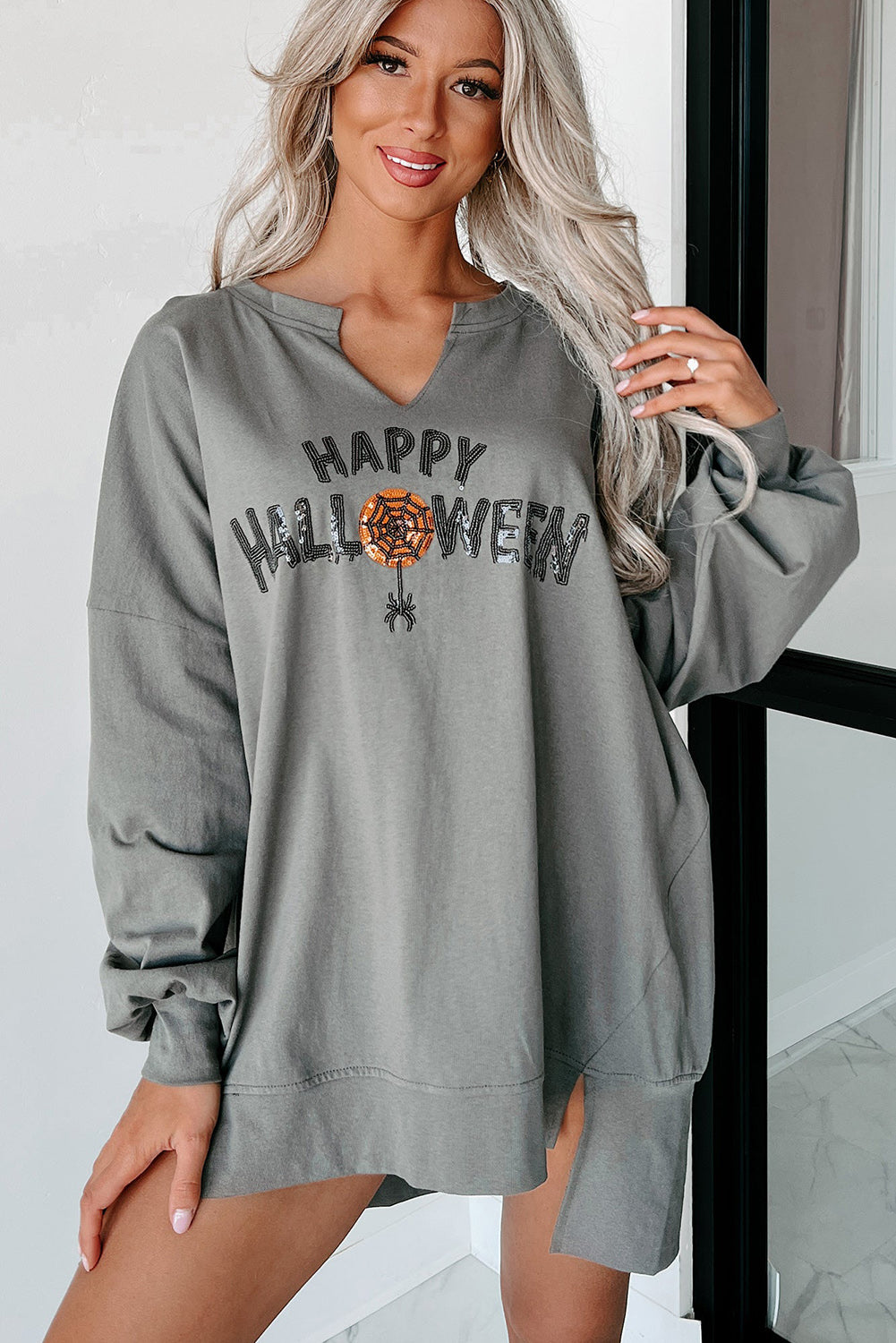 Sequin Happy Halloween Graphic Notched Neck Top