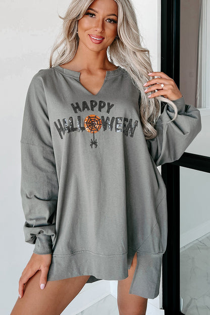 Sequin Happy Halloween Graphic Notched Neck Top