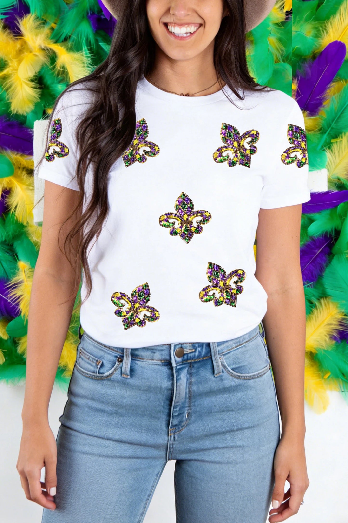 Black Mardi Gras Sequin Fleur De Lis Graphic T-Shirt