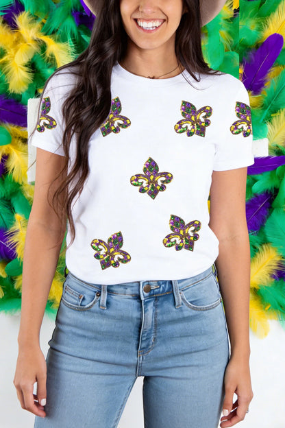 Black Mardi Gras Sequin Fleur De Lis Graphic T-Shirt