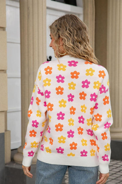 Retro Floral Print Pullover Sweater – Cozy Fall Knit