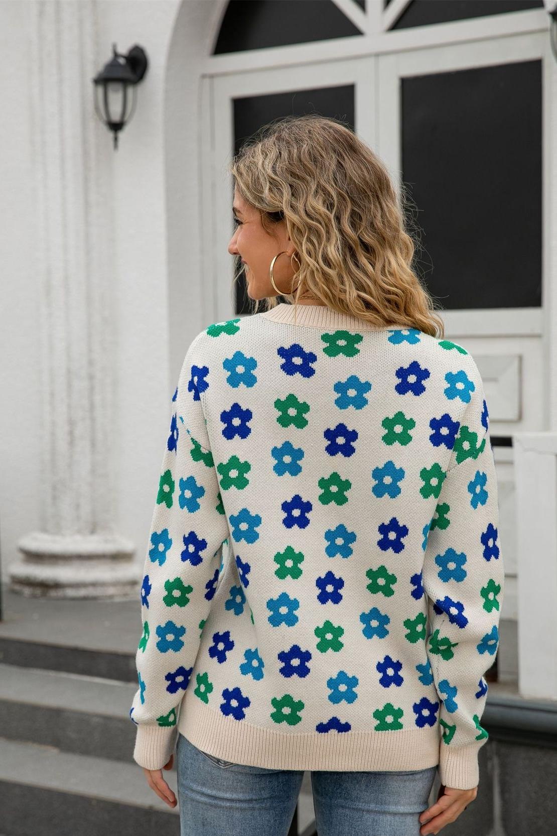 Retro Floral Print Pullover Sweater – Cozy Fall Knit