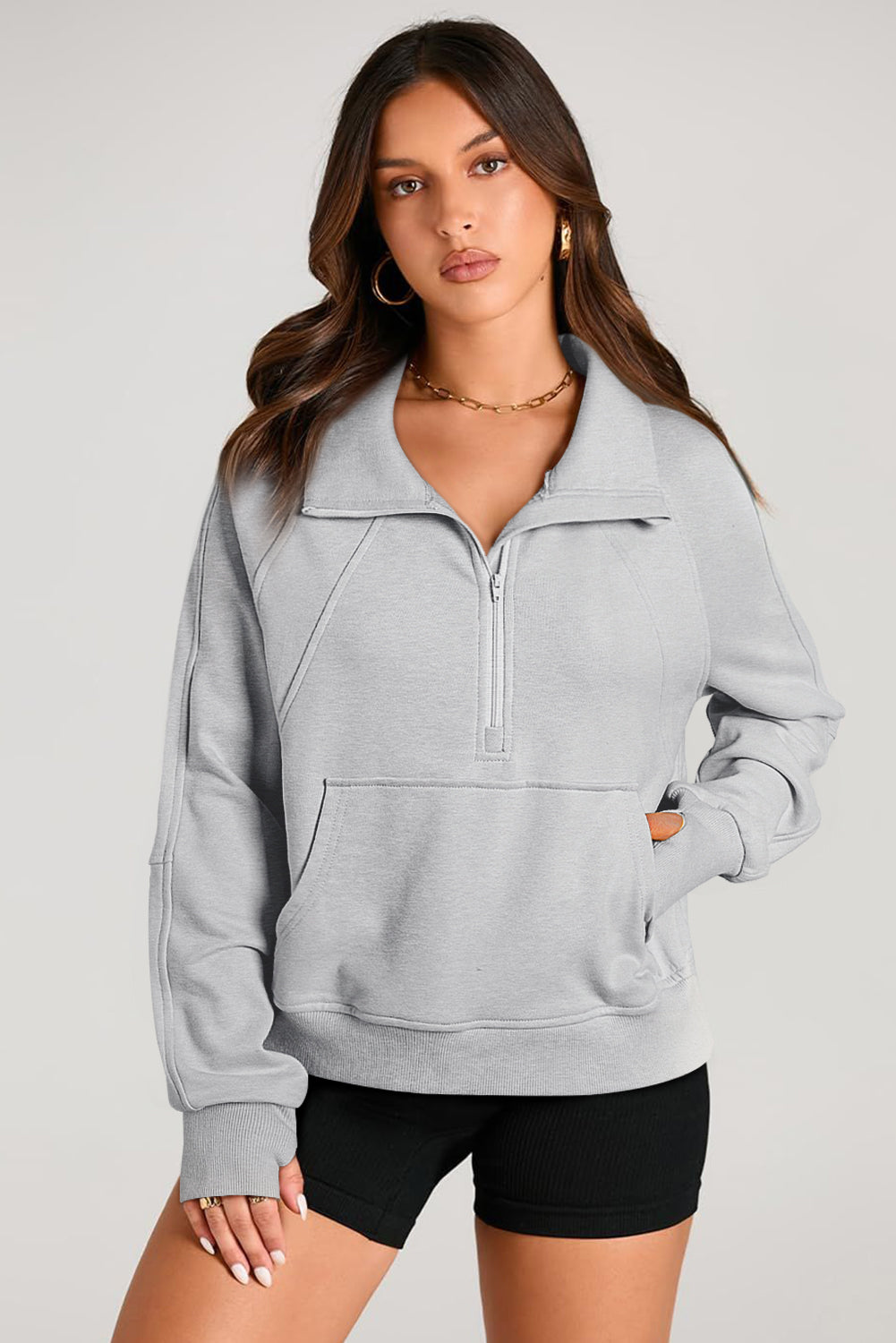 Black Quarter Zip Stand Neck Kangaroo Pocket Sweatshirt