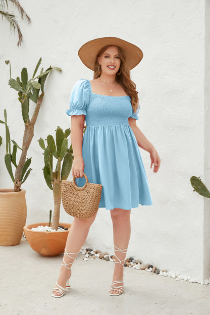 Women's Square Neck Flounce Short Sleeve Shirred Ruffle Hem Dress