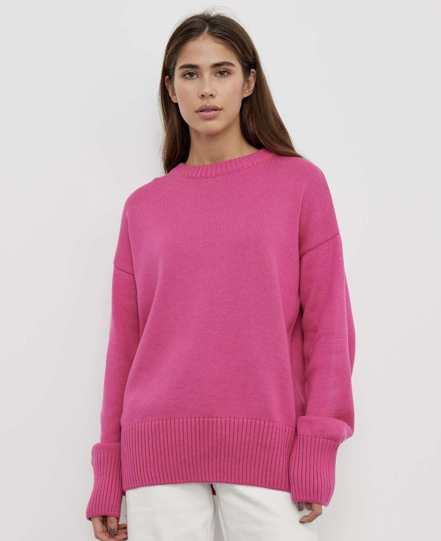 Cozy Solid Crewneck Knit Sweater for Women Fall Winter