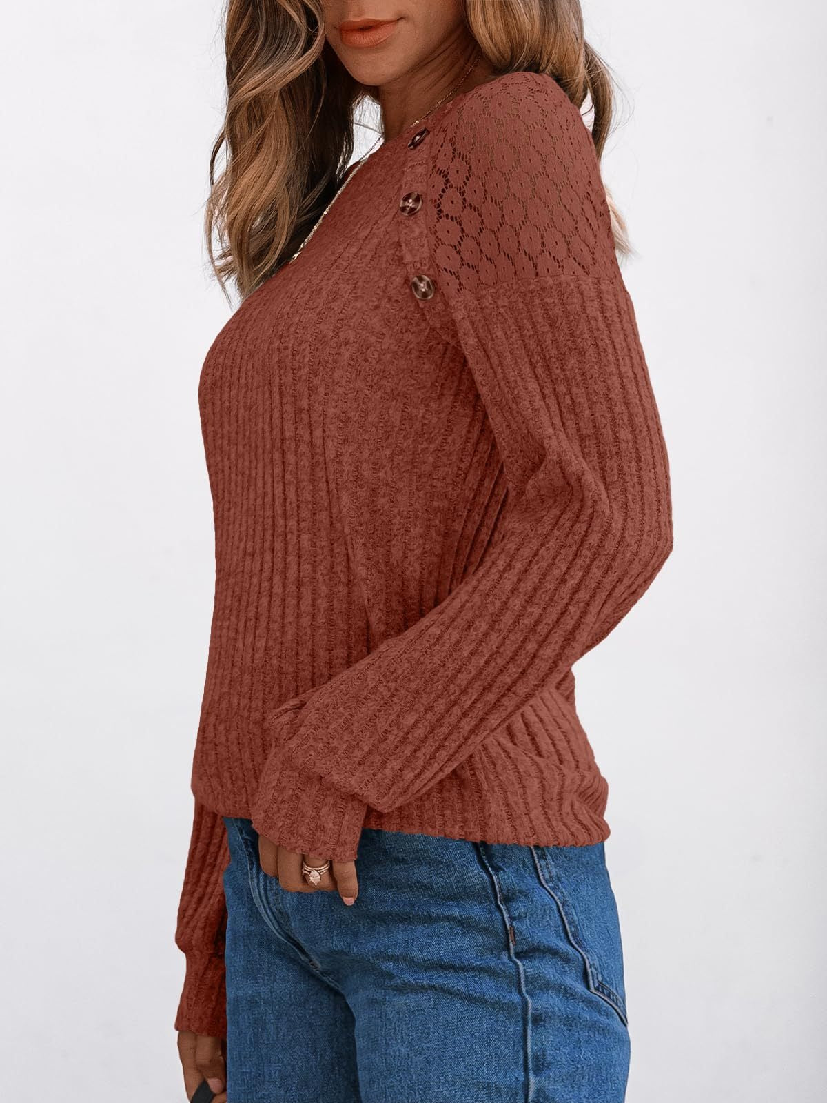 Solid Ribbed Knit Button Pullover with Lace & Buttons