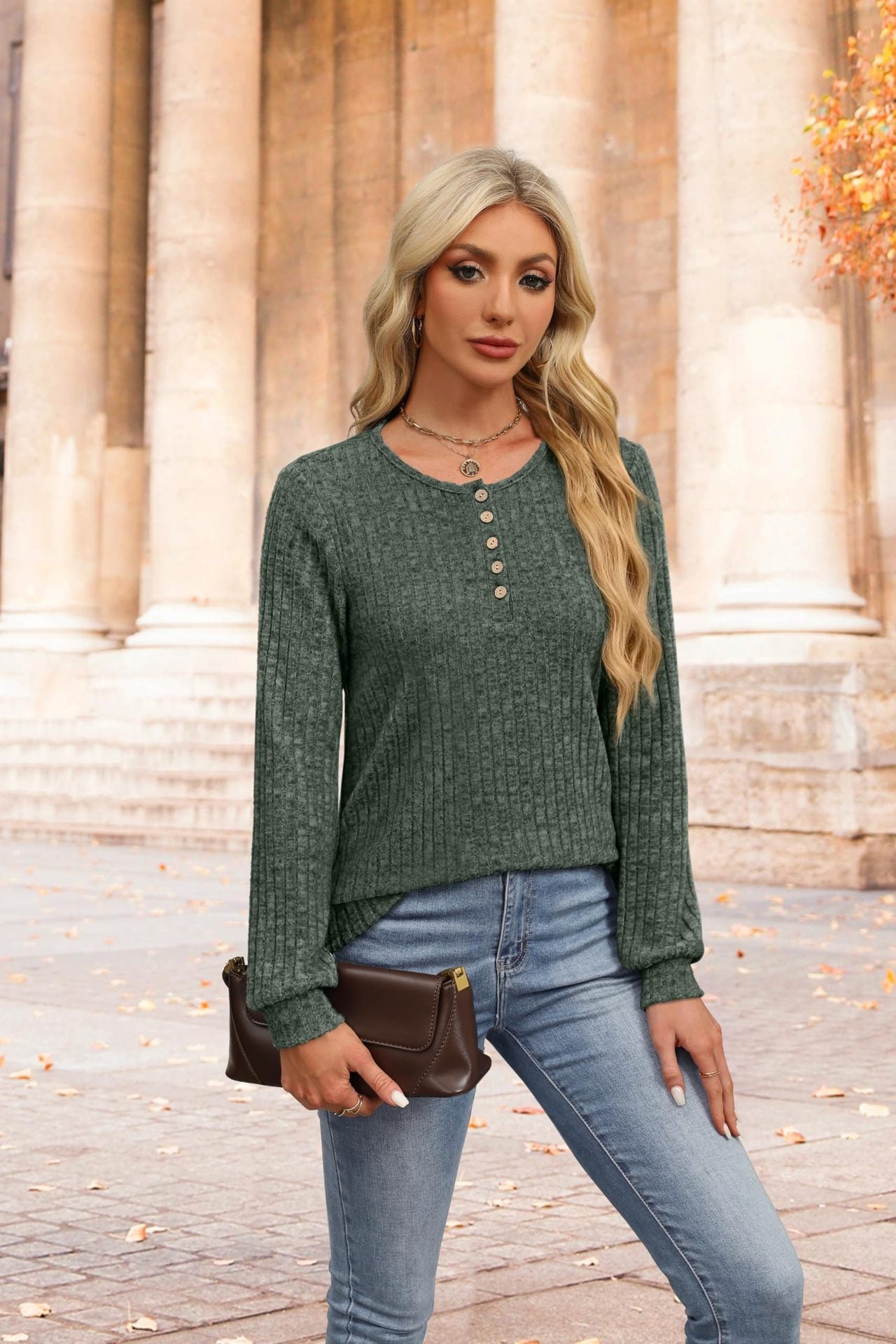 Ribbed V-Neck Button Knit Long Sleeve Pullover