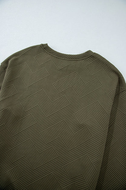 Jungle Green Solid Color Textured Round Neck Drop Shoulder Pullover Sweatshirt