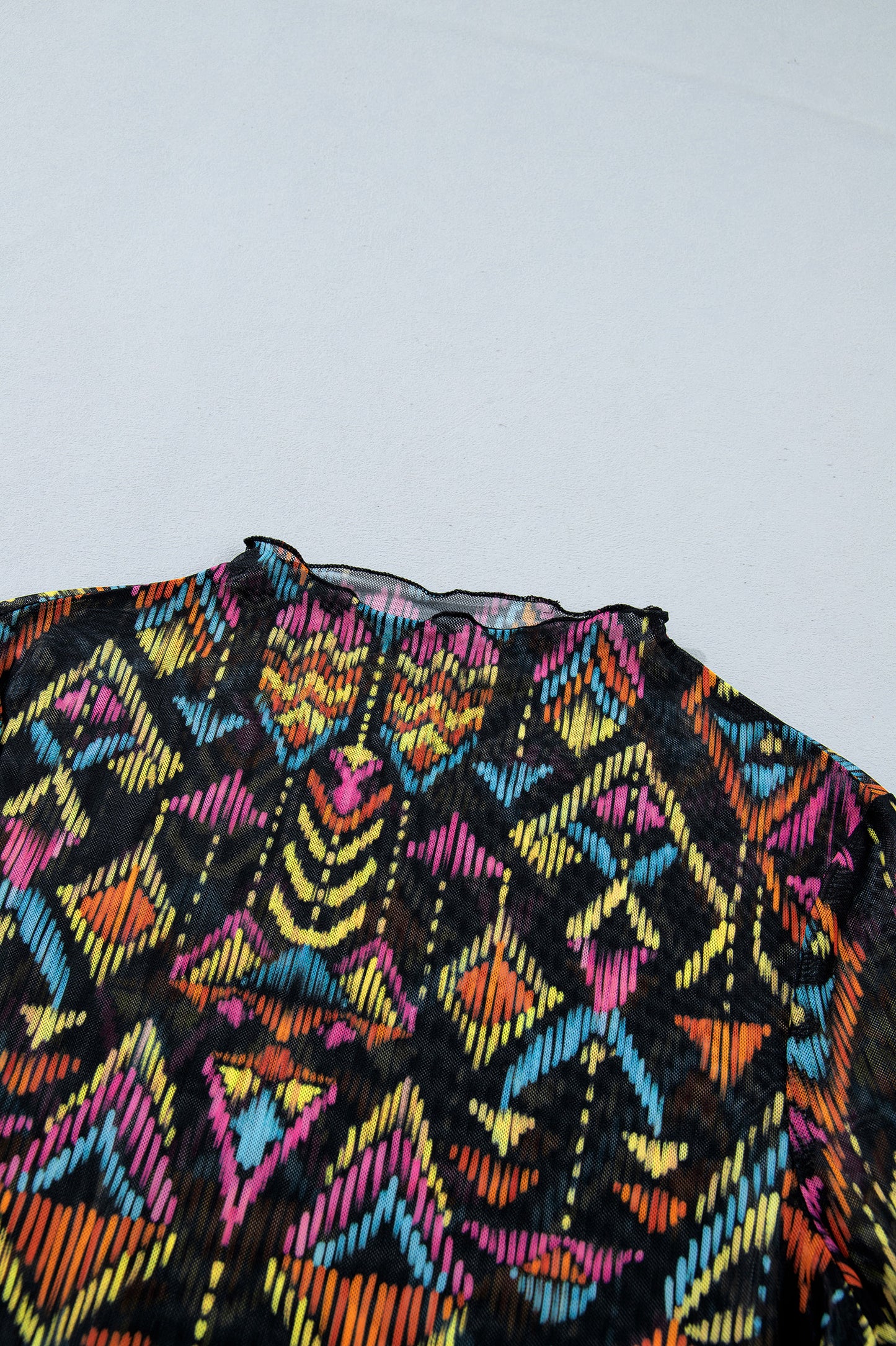 Abstract Print Mock Neck Mesh Long Sleeve Top