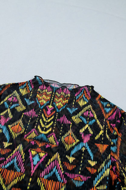 Abstract Print Mock Neck Mesh Long Sleeve Top