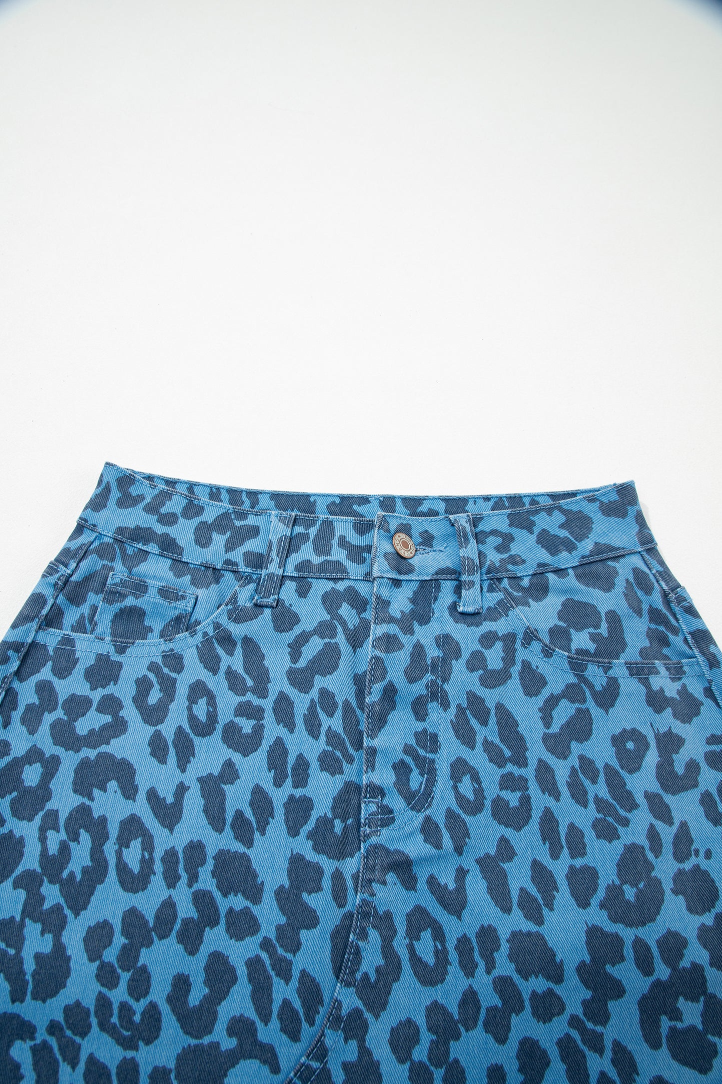 Brown Leopard Denim Frayed Split Denim Midi Skirt