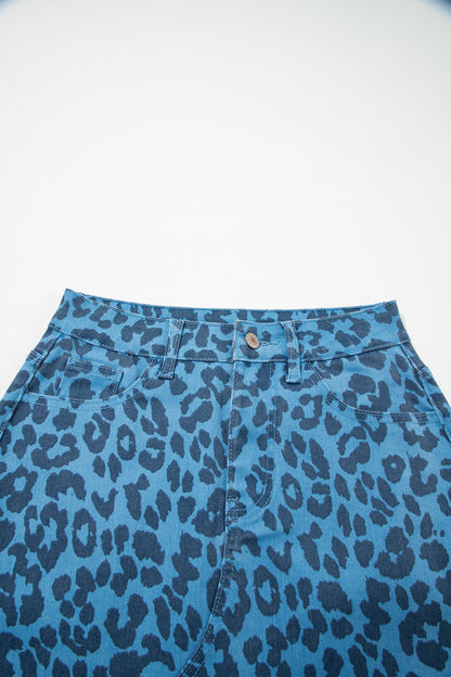 Brown Leopard Denim Frayed Split Denim Midi Skirt