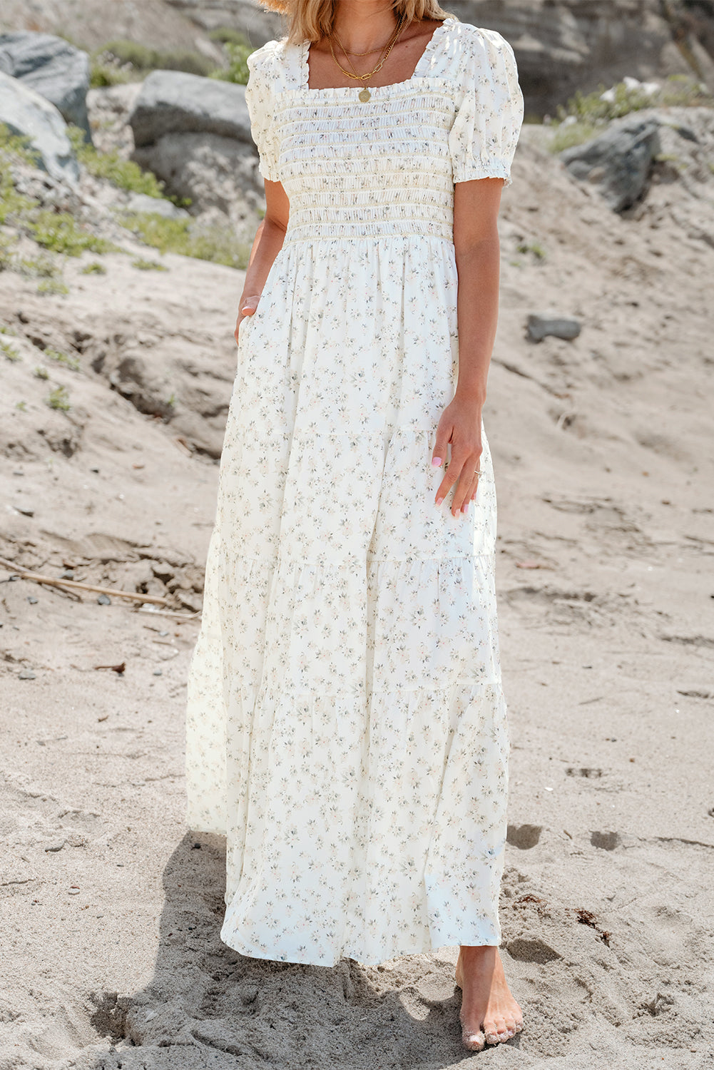 White Floral Shirred Smocked Tiered Maxi Dress