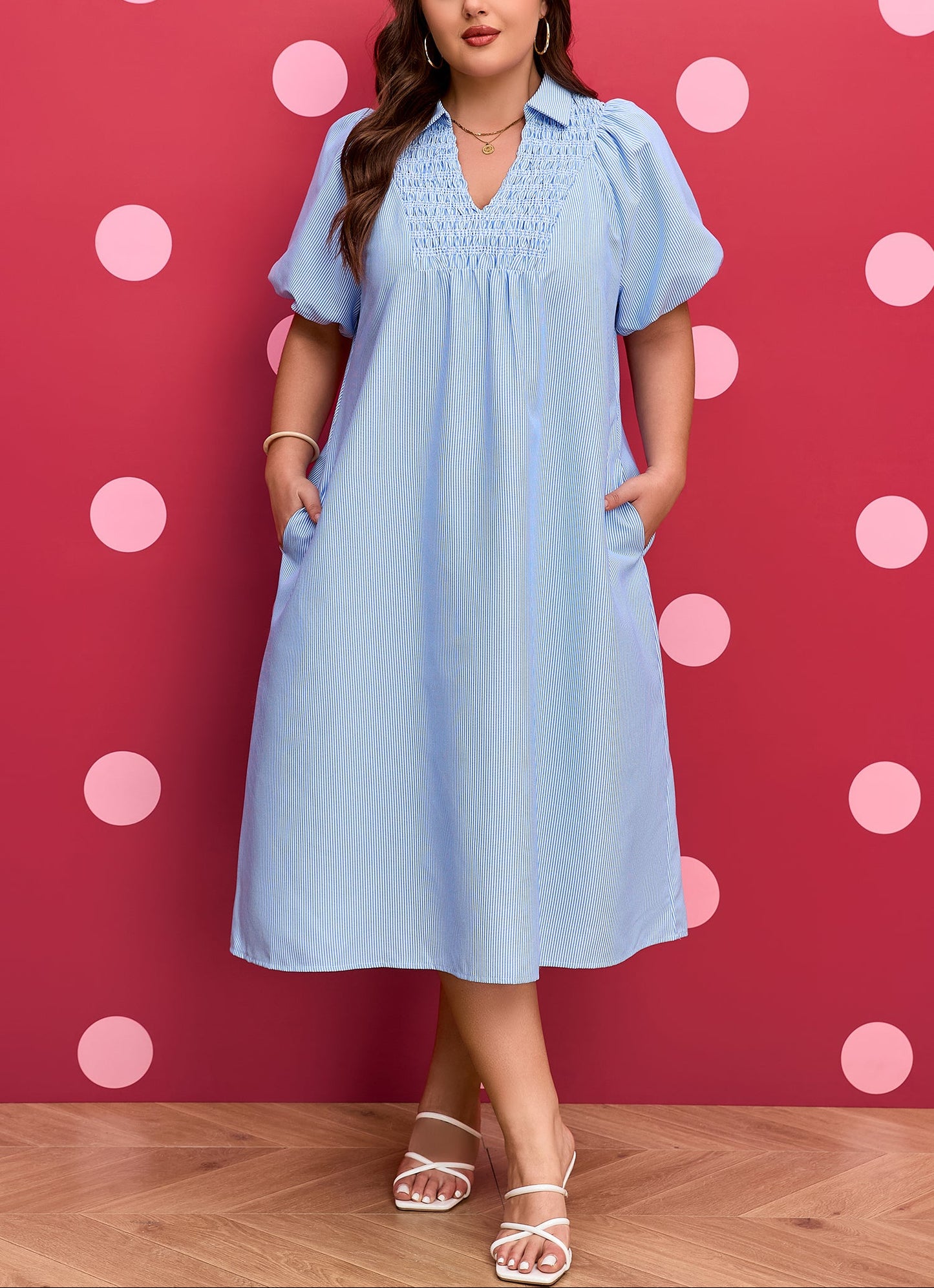 Plus Size Smocked V Neck Midi Dress Stripe Puff Sleeve