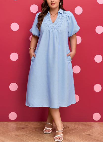 Plus Size Smocked V Neck Midi Dress Stripe Puff Sleeve