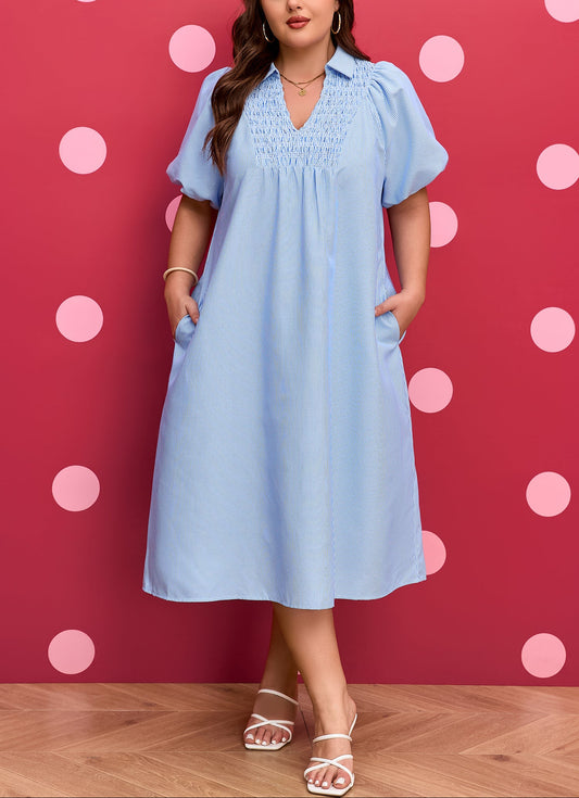 Plus Size Smocked V Neck Midi Dress Stripe Puff Sleeve
