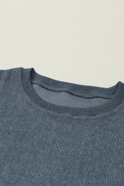 Customizable Solid Ribbed Knit Round Neck Casual PulloverSweatshirt