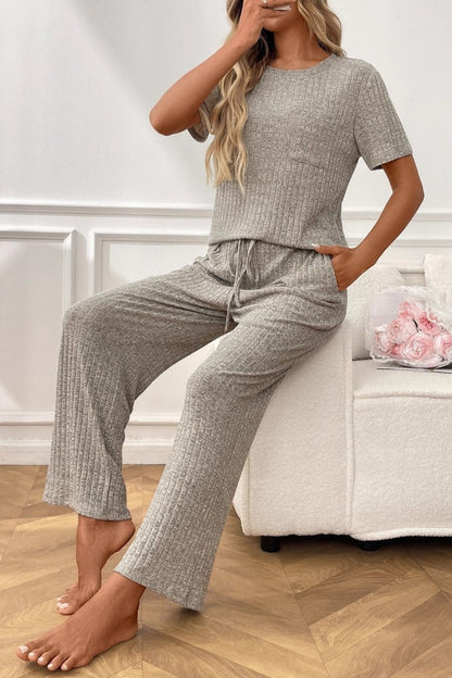 Short Sleeve Ribbed Knit Lounge Set with Drawstring Pants