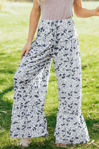 Boho Floral Wide Leg Pants High Waist Ruffle Hem