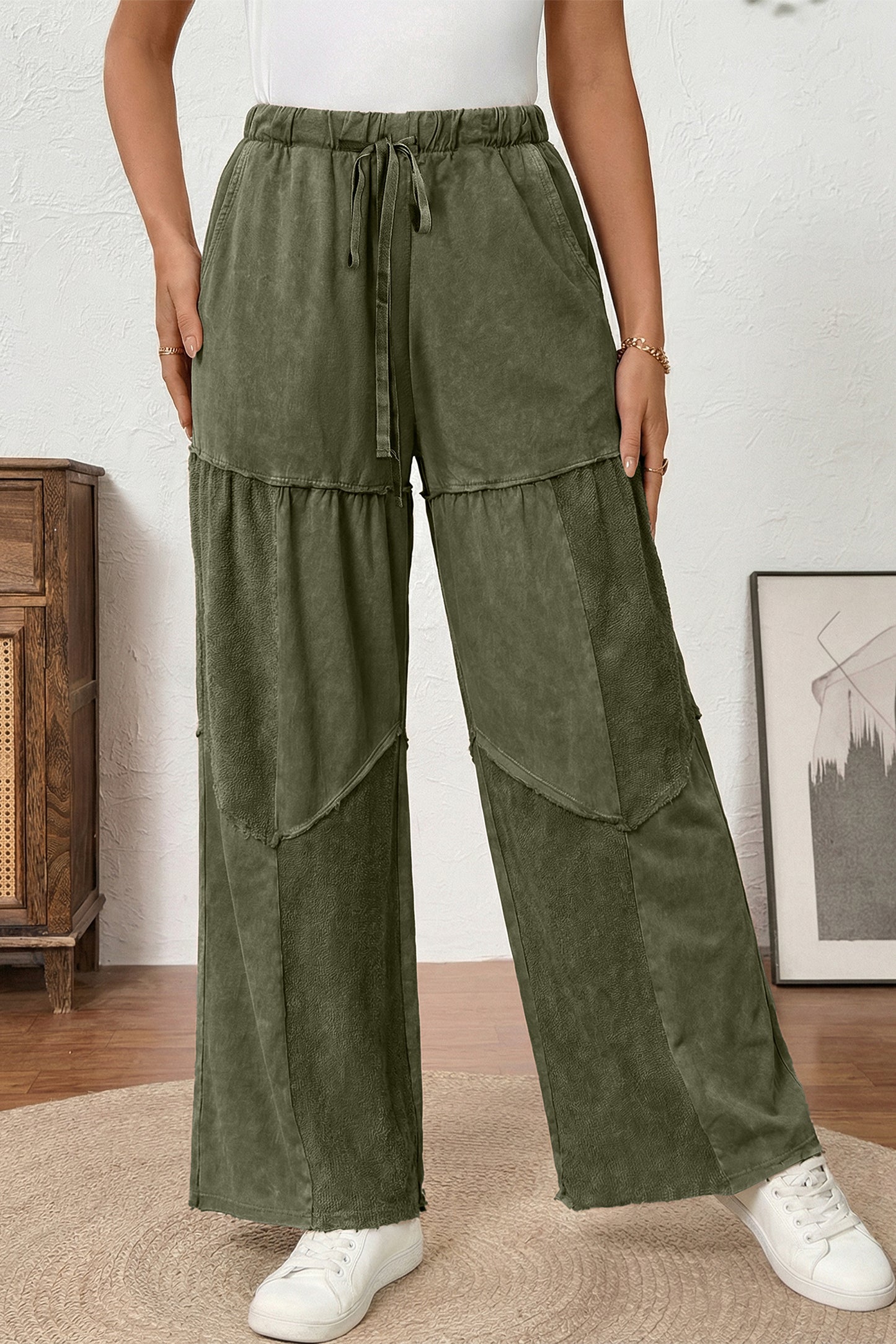 Women's Black Mineral Wash Wide Leg Patchwork Pants