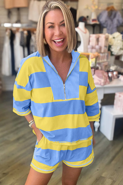 Sky Blue Stripe Seam Detail Half Zip Oversize Tee Casual Shorts 2pcs Set