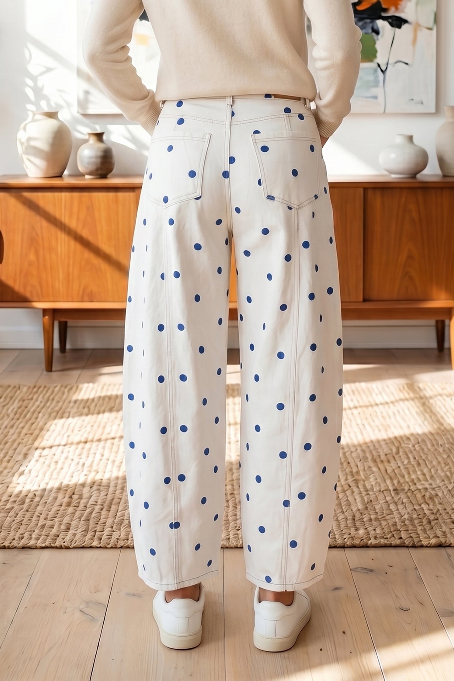 Blue Polka Dot Barrel Jeans High Waist Wide Leg Pants