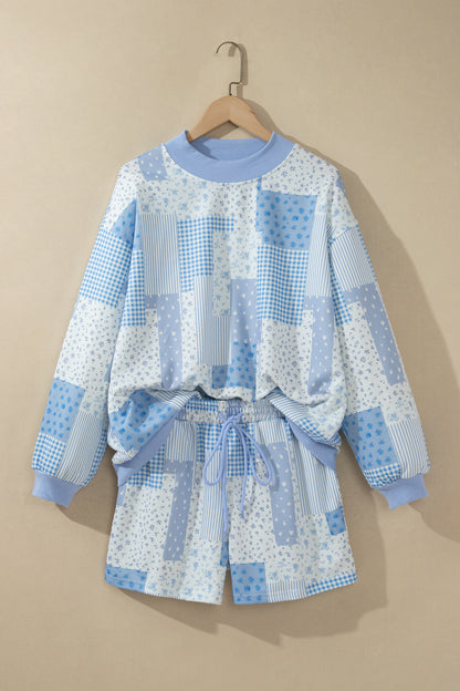 Sky Blue Floral Patchwork Pullover Shorts Set