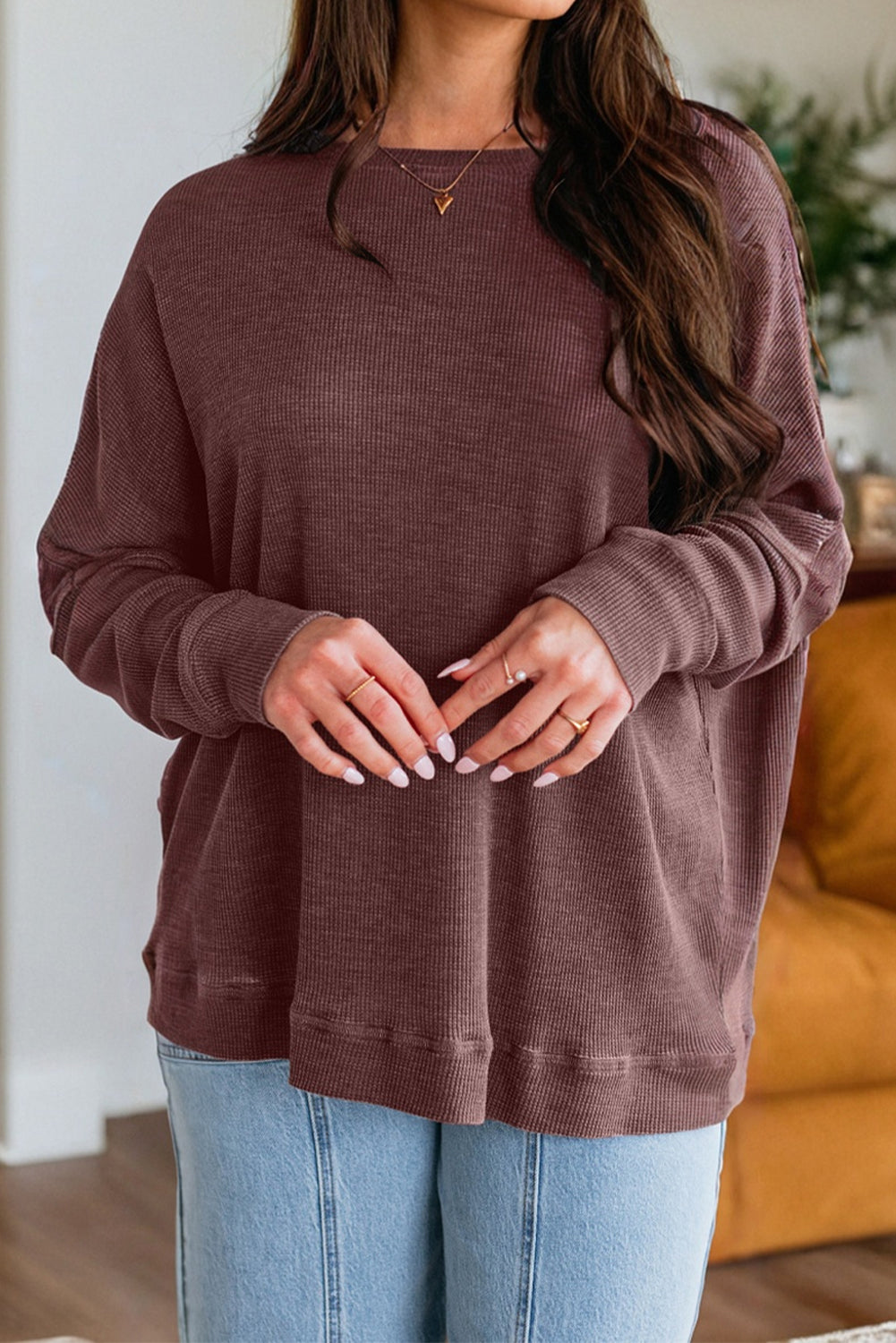 Waffle Knit Loose Long Sleeve Casual Top