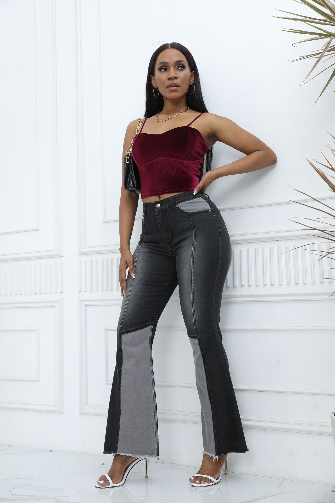 Plus Size Women Denim Stretchy Patchwork Wide Leg Pants Jeans