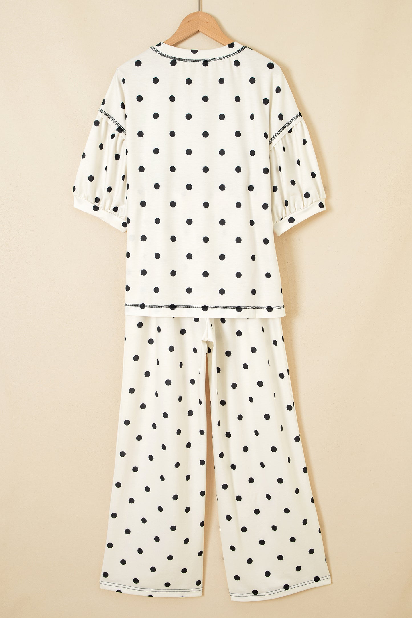 Polka Dot Puff Sleeve Wide Leg Two Piece Pants Set