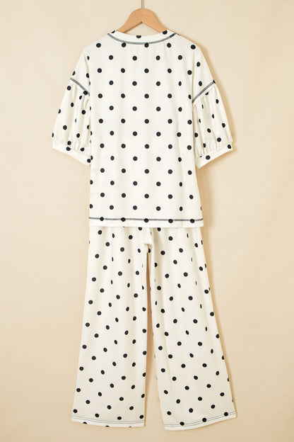 Polka Dot Puff Sleeve Wide Leg Two Piece Pants Set