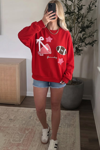Gingham Patch Football Game Day Crew Neck Sweatshirt