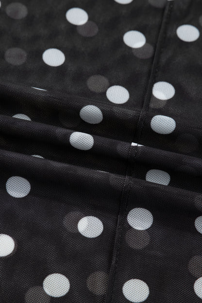 Black Polka Dot Mesh Mock Neck Long Sleeve Top