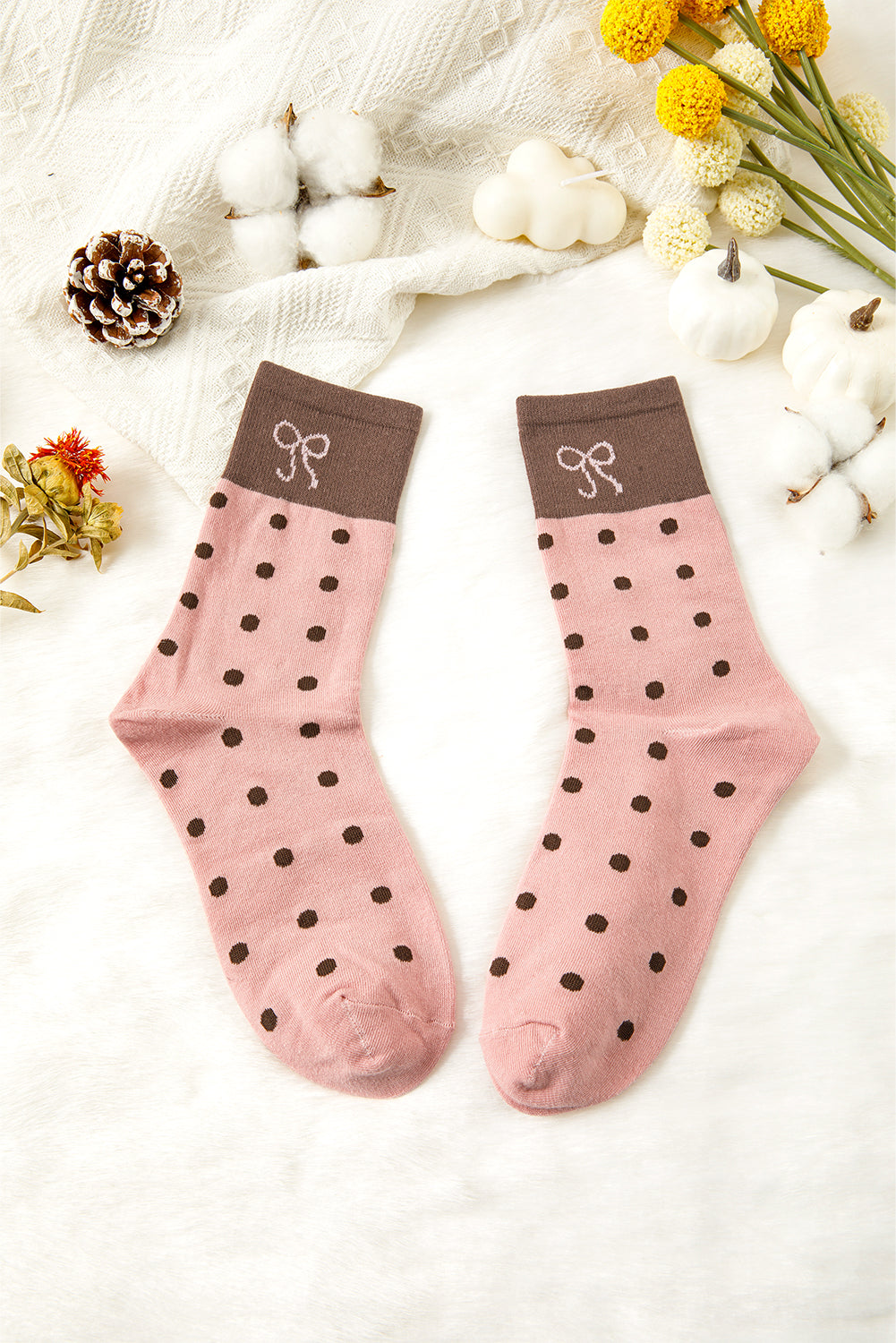 Polka Dot Bow Crew Socks Soft Cute Contrast Block