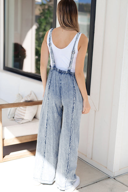 Light Wash Wide Leg Denim Overall with Exposed Seams