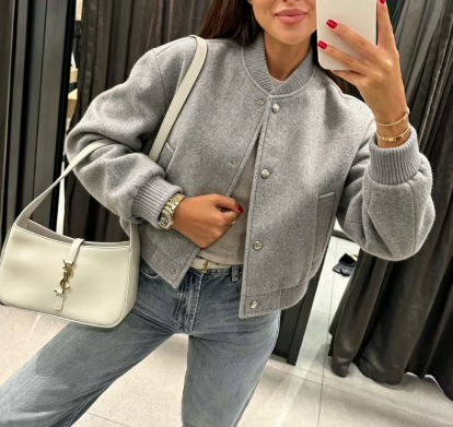 Womens Cropped Bomber Jacket Soft Casual Button Front