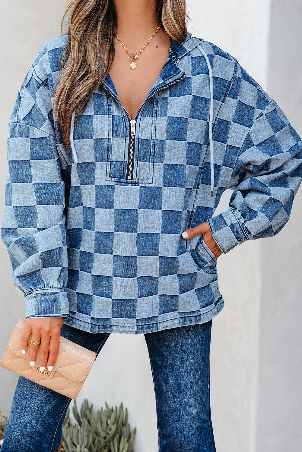 Sky Blue Checkerboard Quarter Zip Denim Hoodie with Pocket