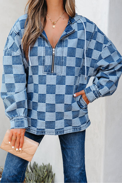 Sky Blue Checkerboard Quarter Zip Denim Hoodie with Pocket