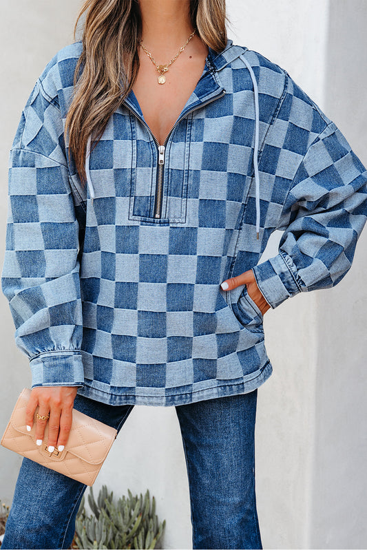 Sky Blue Checkerboard Quarter Zip Denim Hoodie with Pocket