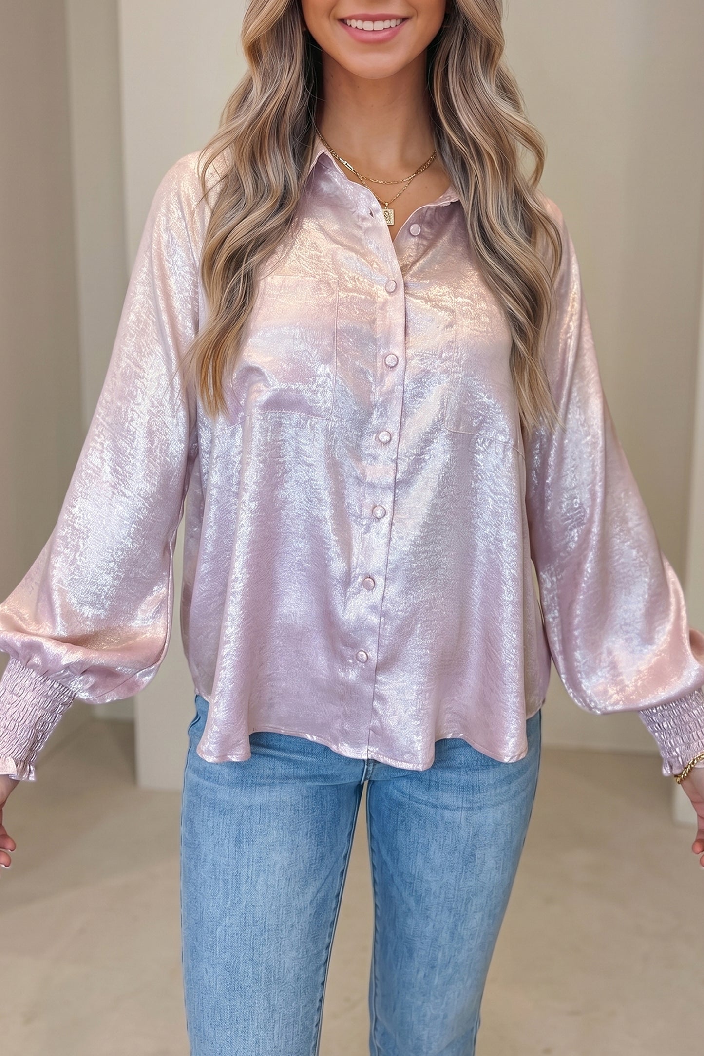 Delicacy Metallic Button Down Satin Blouse with Smocked Cuffs