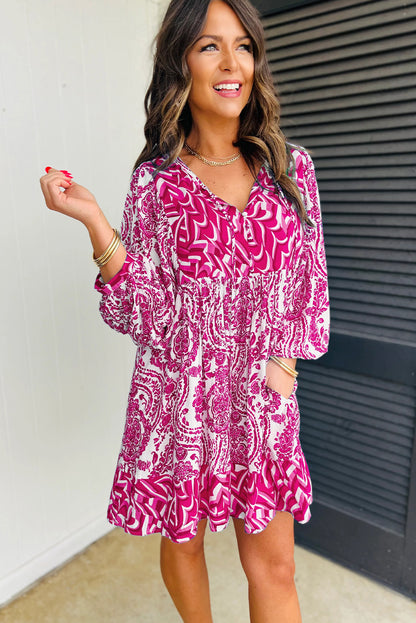 Green Bohemian Print Puff Sleeve Tied V Neck Flared Mini Dress