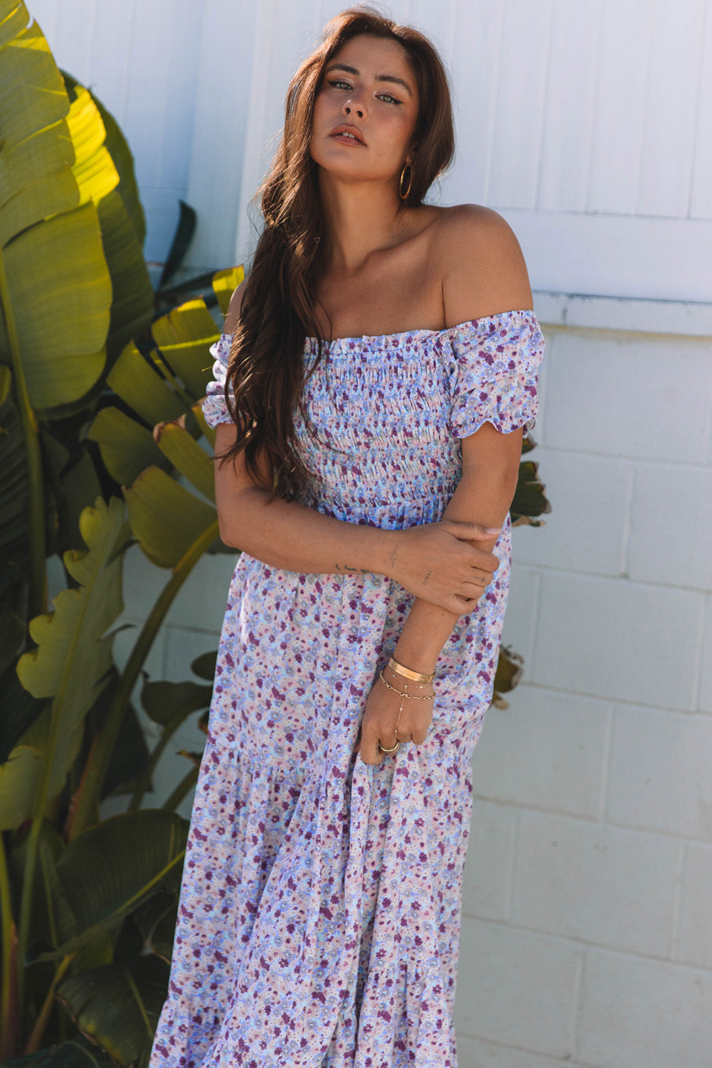 Purple Floral Off Shoulder Smocked Maxi Dress