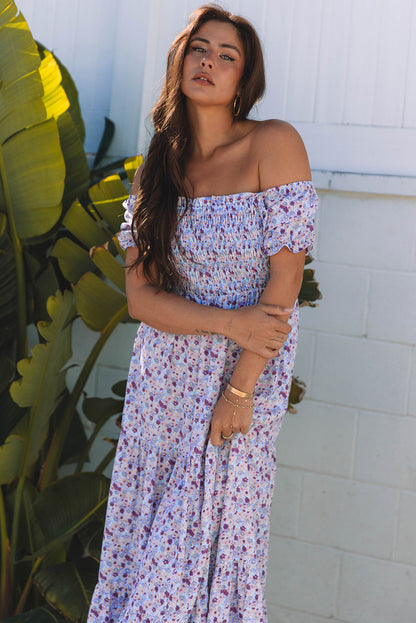 Purple Floral Off Shoulder Smocked Maxi Dress