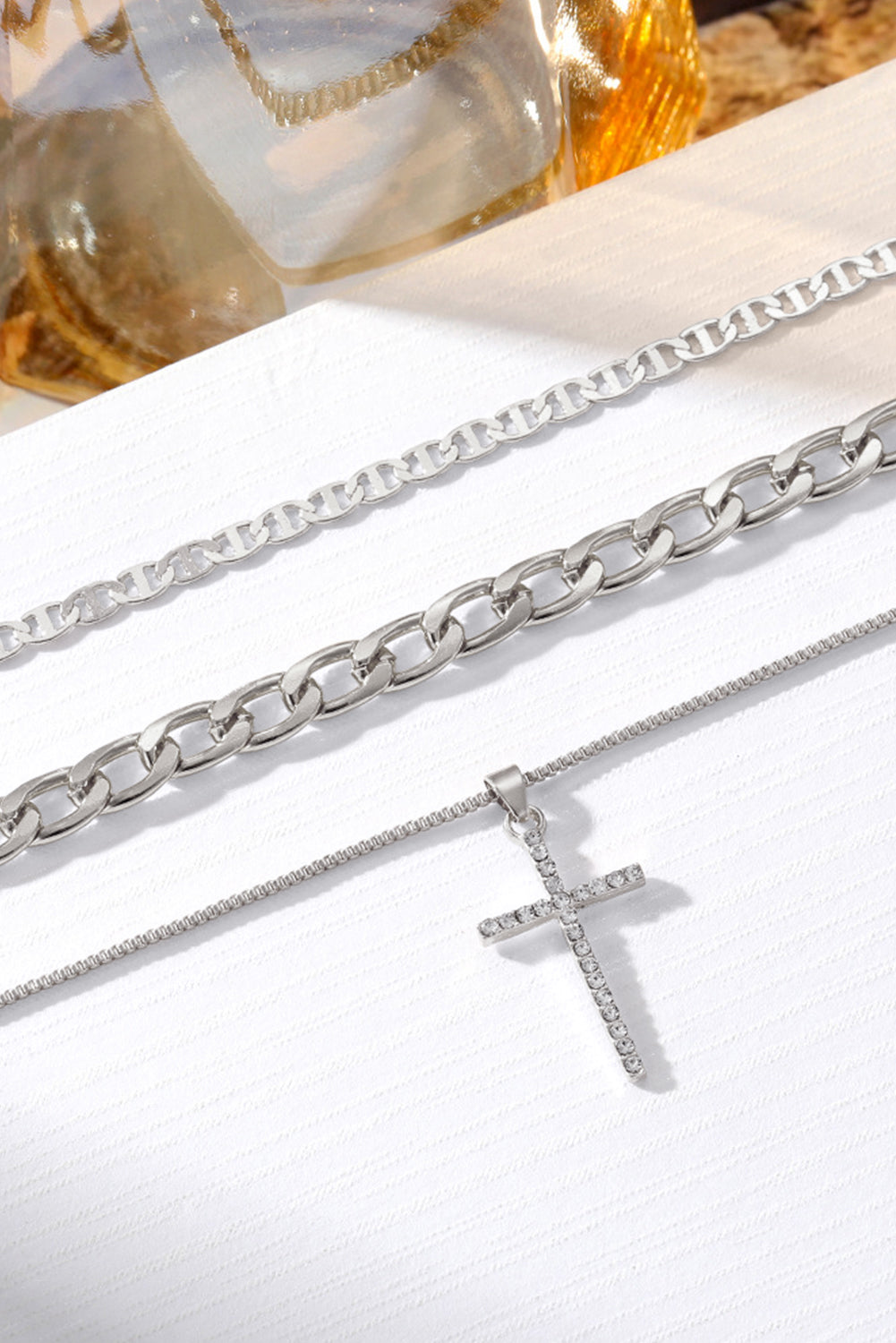 Silver Cross Pendant Layered Chain Necklace Set