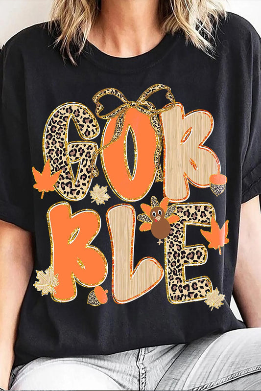 Black Gobble Leopard Letter Turkey Bow Thanksgiving Tee